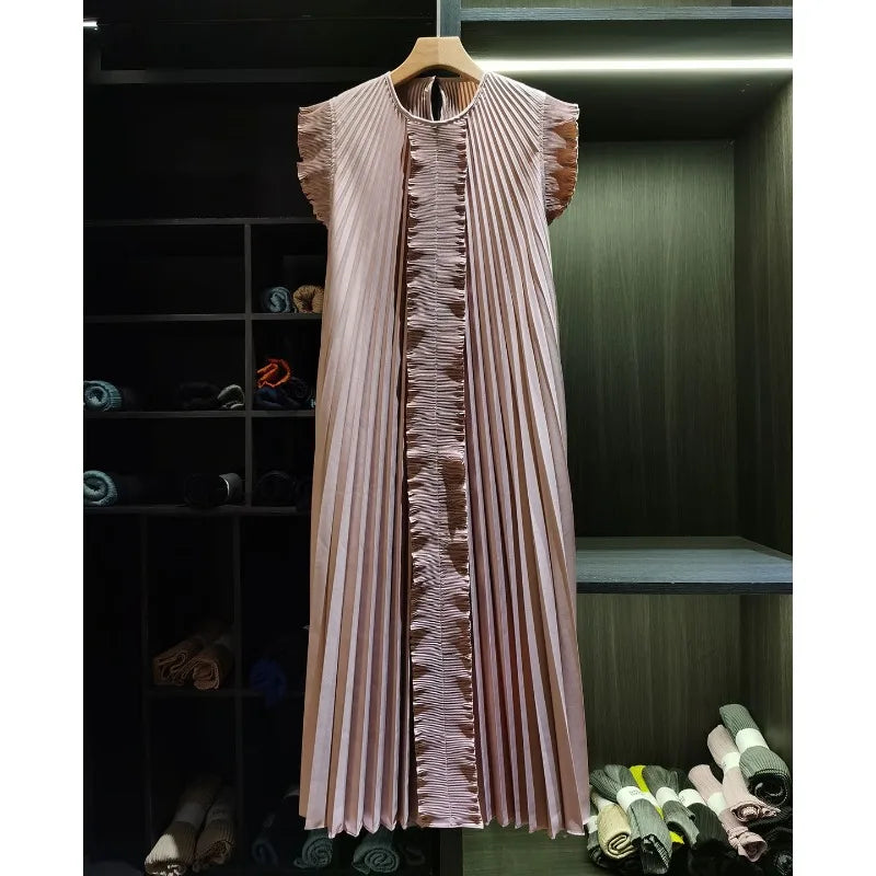 Miyake Pleated Solid Color Dresses High-End 2026 Ruffled Handmade Pleats Solid Color Fold Dress Summer Elegant Sleeveless Dress