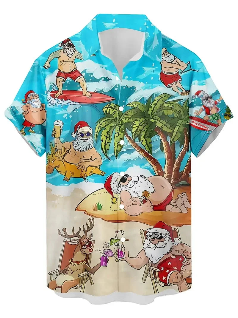 Men's Christmas Santa Beach Vacation Shirts 3D Print Casual Short Sleeve Button Up Hawaiian Shirts Blouse For Men Aloha Shirt