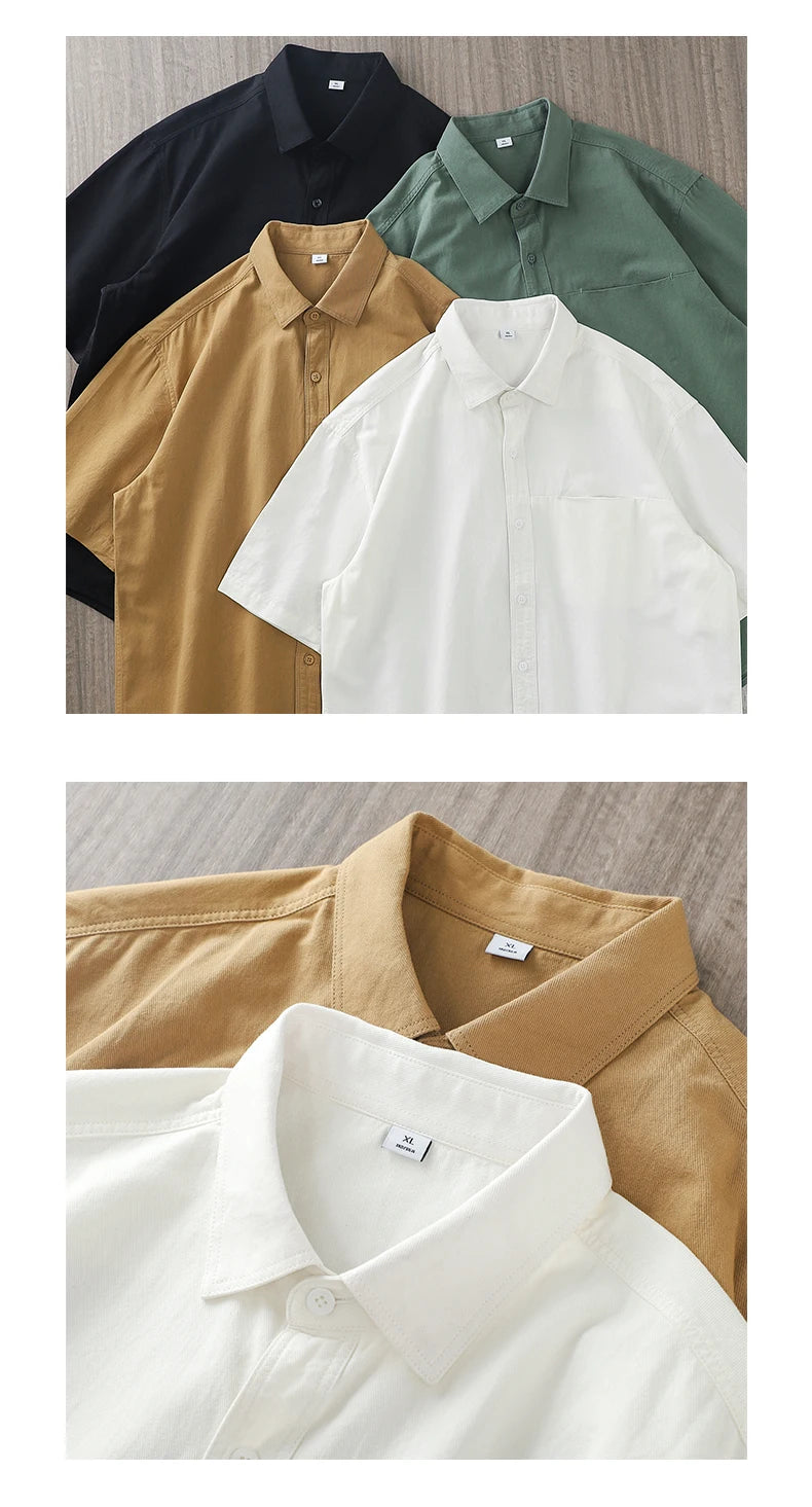 Dukeen Heavyweight Short-Sleeved Shirt Men's Summer Solid Color Lapel Pocket Casual Shirt Cotton White Shirts