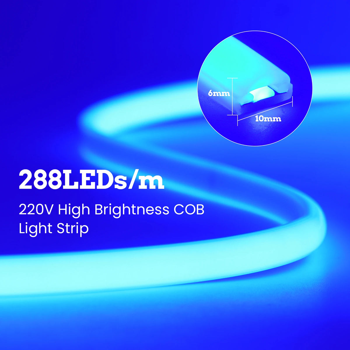 1-20M 220V COB LED Strip 288LEDs/m Outdoor IP65 Waterproof Switch/Dimmable LED Tape Ribbon Neon Lights For Kitchen Room 10 Color