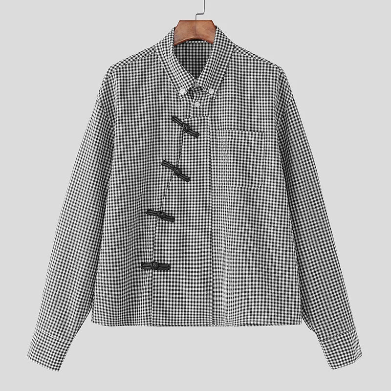 INCERUN Men Plaid Shirt Lapel Long Sleeve Patchwork Loose Men Clothing Streetwear 2026 Spring Fashion Casual Tops Male Shirts