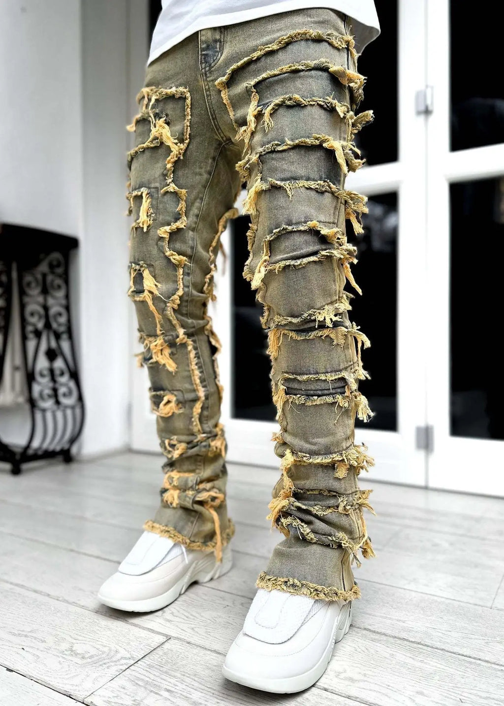 2026 New Men's Denim Straight-Leg Pants, European and American Street Fashion Ins Stretch Patch Denim Straight-Leg Pants