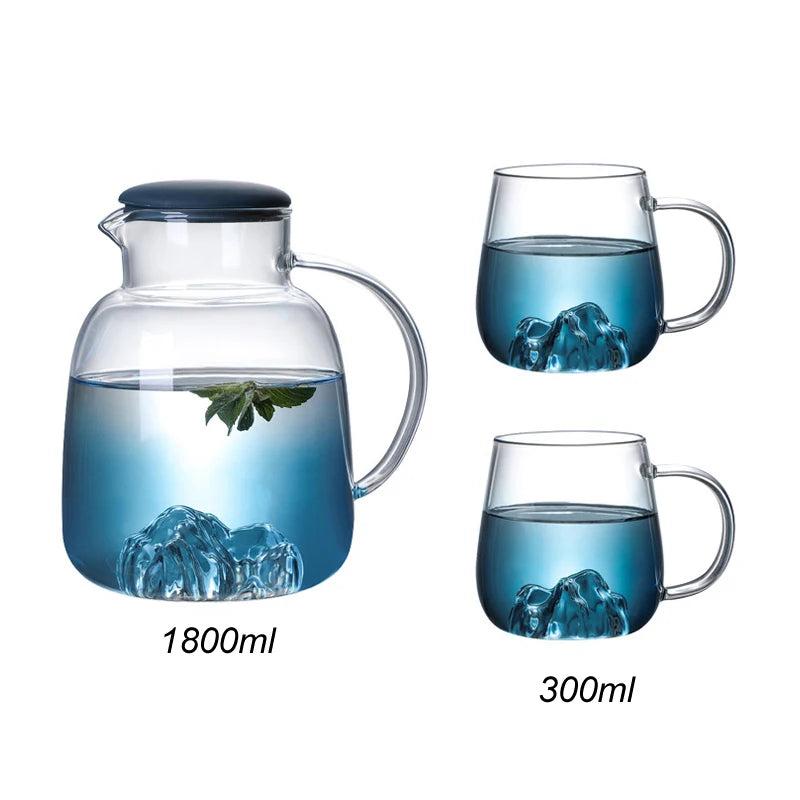 1800ml Glass Cold Water bottle With Handle Fruit Tea Cup Kettle Mountain Design High temperature heatable Jug Gradient Color