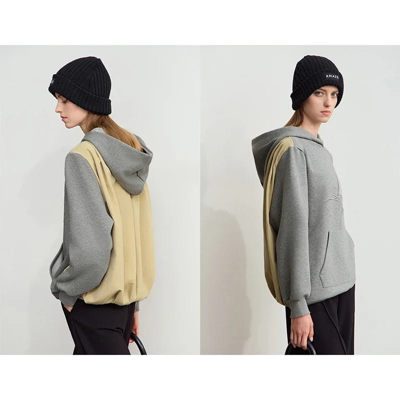 Amii 2024 Winter Clothes Women Long-sleeved Color Matching Embroidery Pocket Fleece Hooded Sweater Loose Casual Tops 12444202
