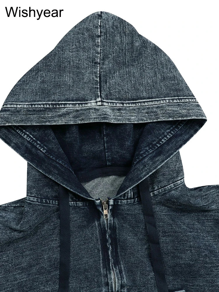  Women’s 2 Piece Denim Mini Skirt Set Long Sleeve Zip-Up Hooded Jacket and High Waist Flare Short Skirt Jean Casual Streetwear