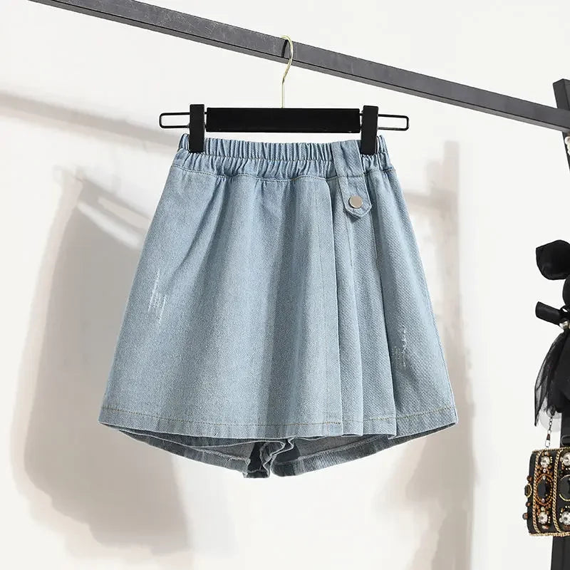Denim Shorts for Women Korean Style Young College Girls Clothing Summer Elastic Waist Fashion Soft Loose Streetwear Chic Pockets