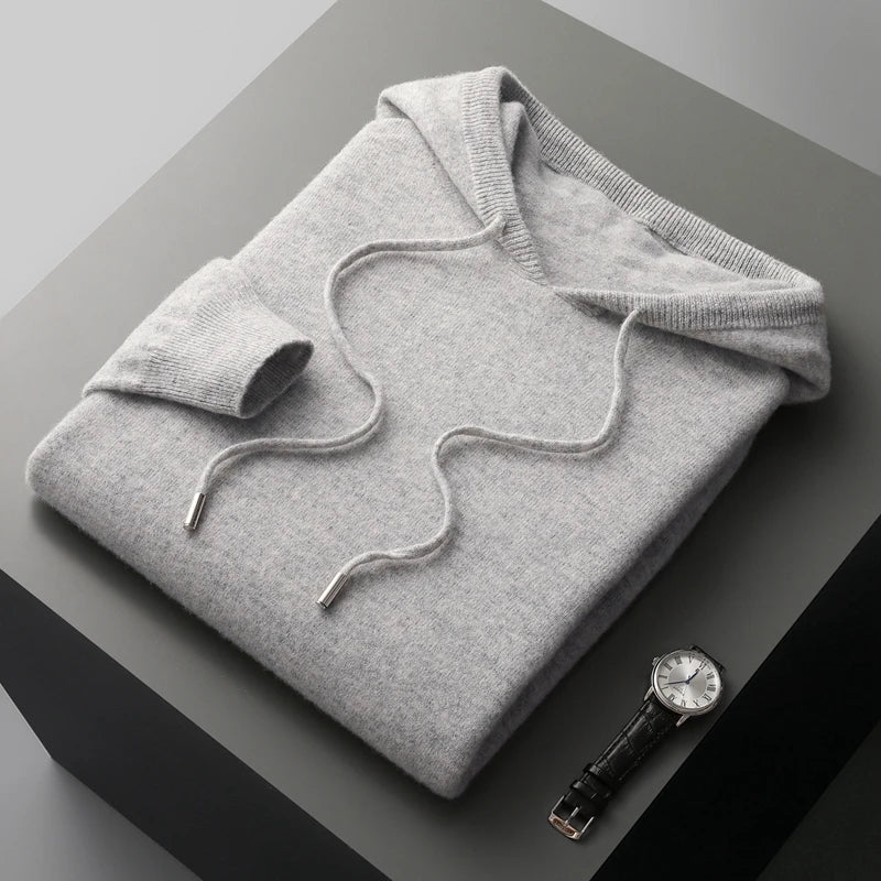 Men's 100% Merino Wool Two-piece Suit Knitting Hooded Collar Pullover and  Wide-leg Pant Autumn Winter Thickened Warm Sweater