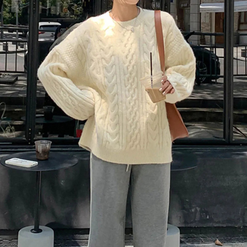 Autumn Winter Thicken Warm Pullover Sweater Women Vintage Loose Twist Knitted Jumper Woman All-Match O-Neck Long Sleeve Pullover