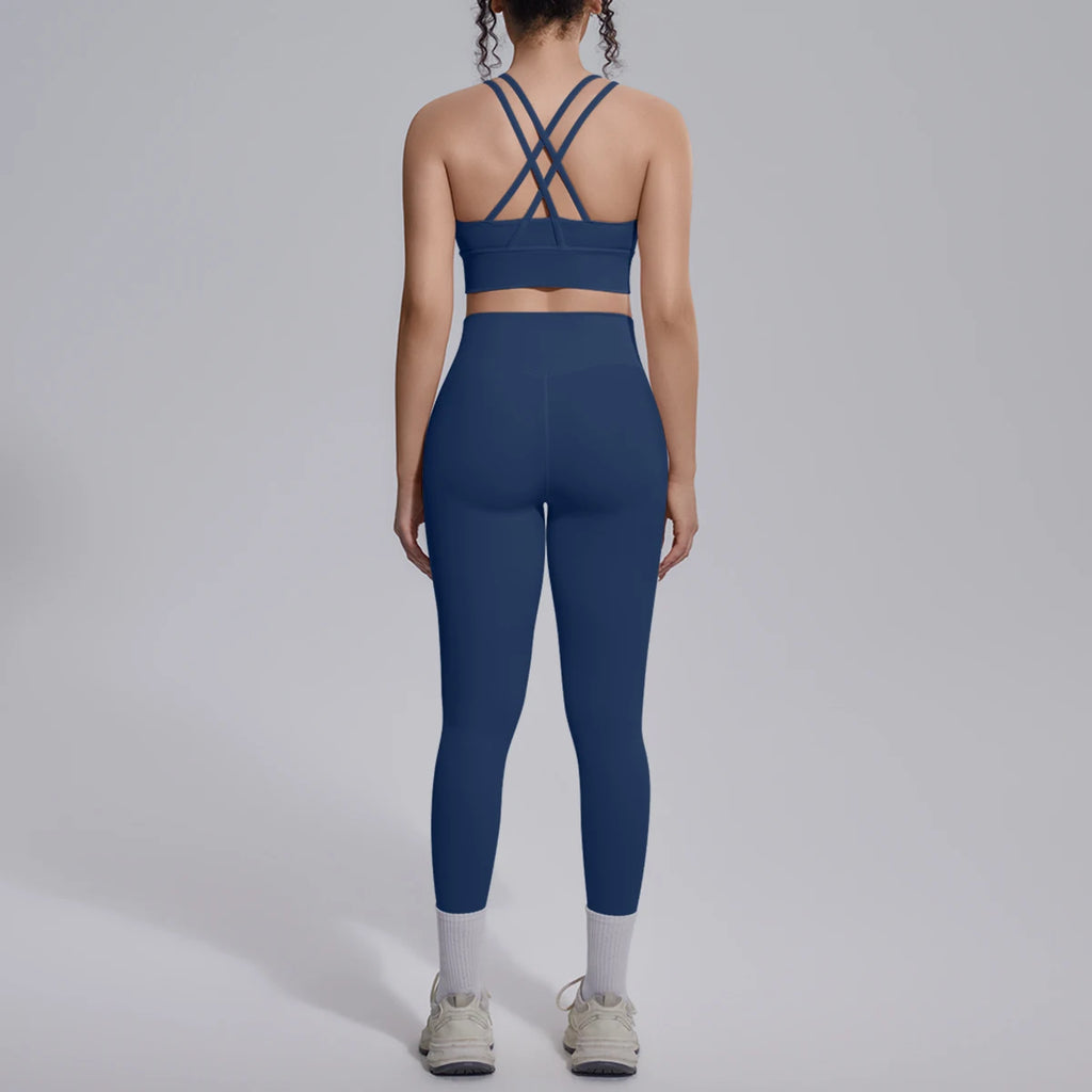 2PCS Yoga Set Summer Gym Sports Running Yoga Clothing Solid Color Cross Bra Workout Top High Waisted Quick Drying Fitness Pants