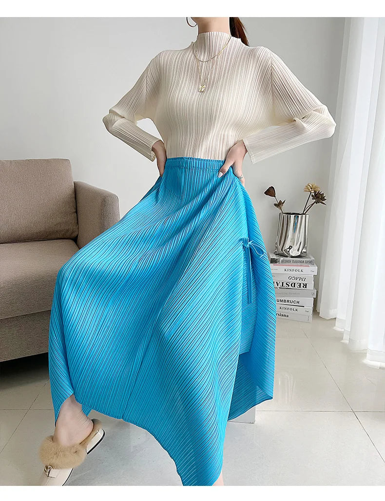 Miyake Pleated Long Sleeves Tops Fall 2025 Winter Korean Fashion Women Classic Solid Color Turtleneck Casual Elegant T-shirt