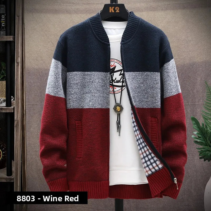 Men's Knitted Sweater Cardigan Thickened Fleece Hooded Casual Style Warm Outerwear Autumn Winter New Arrival Korean Version