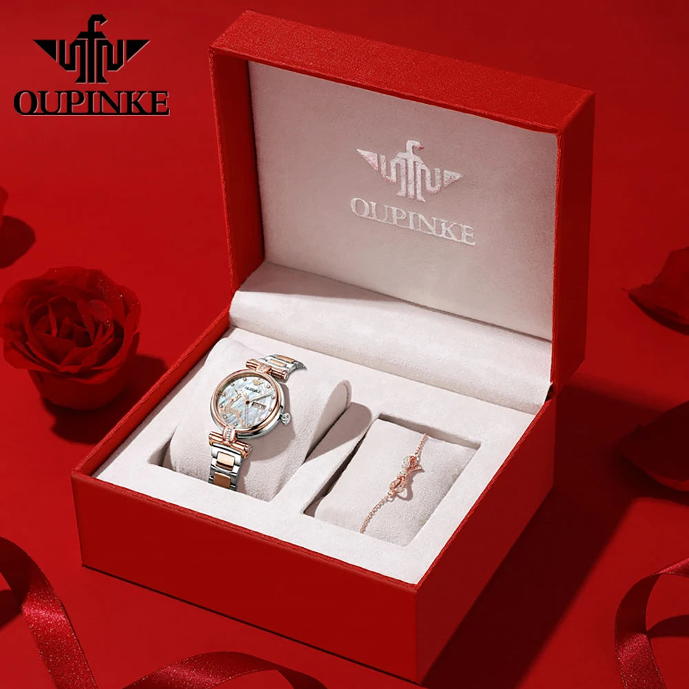 OUPINKE 3180 Women Mechanical Watch Rose Gold Luxury Elegant Diamond Watch Brand Original Dress Bracelet Women Watch Gift Box