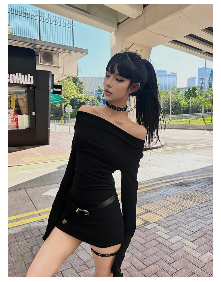 Seeslim Black Slim Sexy Mini Dress Women Long Sleeve Autumn Off Shoulder Korean Fashion 2000s Y2k Clothes Party Dresses Chic