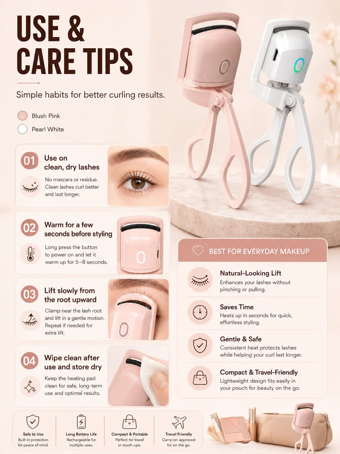 Electric Lash Curler for Women USB Rechargeable Heated Eyelash Styling Device Portable Beauty Tool for Eye Makeup