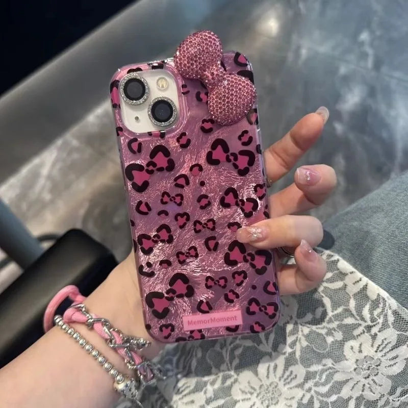 Colorful Leopard Blink Diamond Bowknot Lustre Lining Phone Case for iPhone 16 15 14 Plus 13 Mini 12 Pro Max 11 7 8 SE X XS XR
