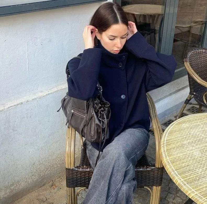Autumn Stand Collar Jackets for Women Loose Woolen Fabric Single-breasted Coat Women Solid Color Versatile Short Jacket Women