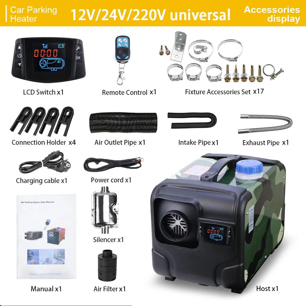 12V 24V 220V 3-in-1 Universal 5KW Car Heater Auxiliary Air Heating Low Noise Heater For Truck Bus RV Motorhome Trailer Boat