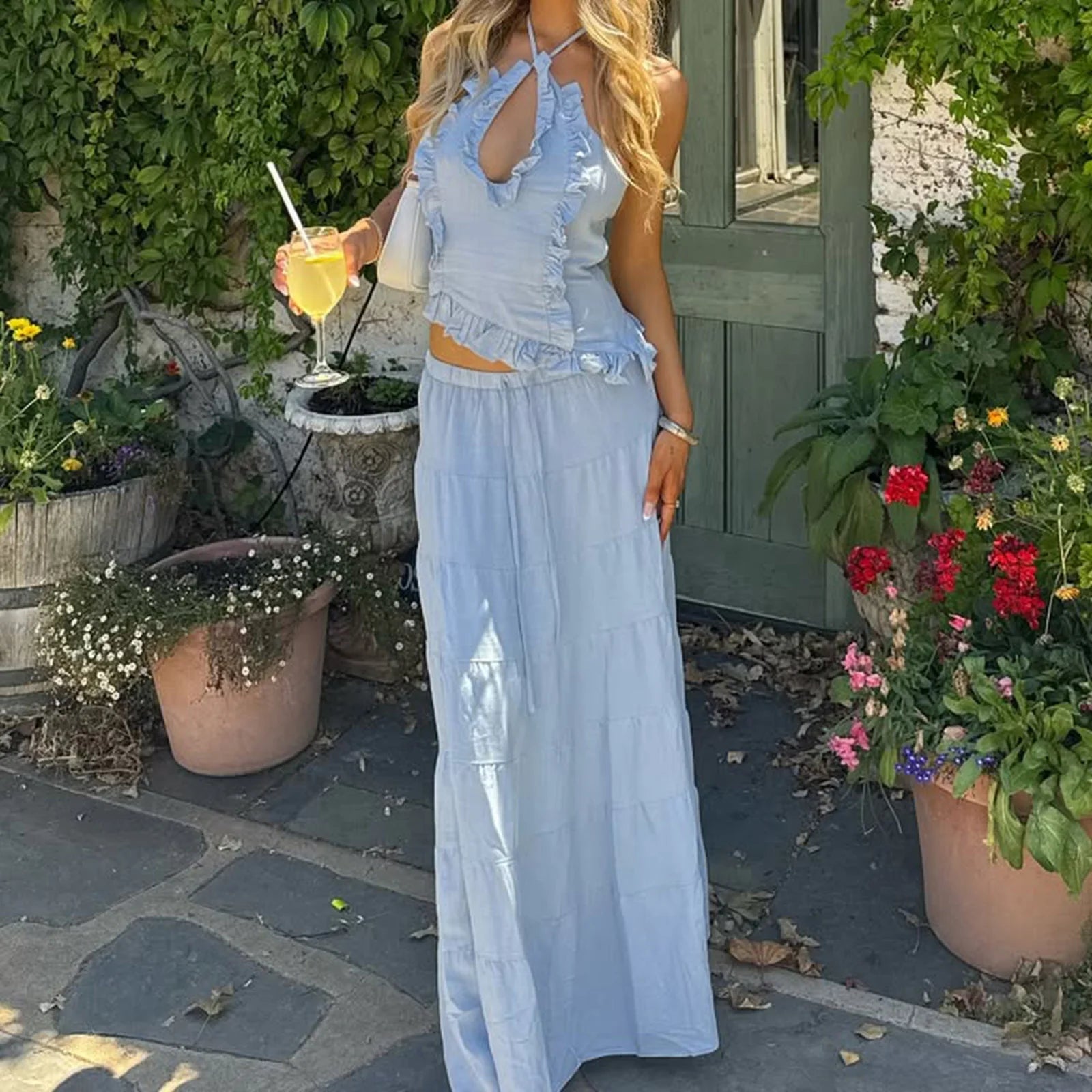 Women Summer Boho 2 Piece Maxi Skirt Sets Y2k Sexy Halter Ruched Cami Tops Tiered Flowy Ruffle Skirts Holiday Beach Outfits
