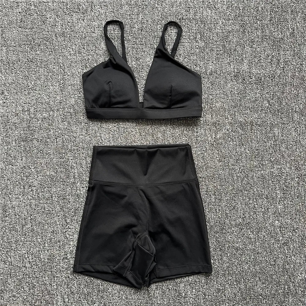 2PCS Nude Deep VNeck Sport Bra Women Yoga Sets Workout Gym Scrunch High Waist Fitness Push Up Shorts Running Avtive Suit XP187