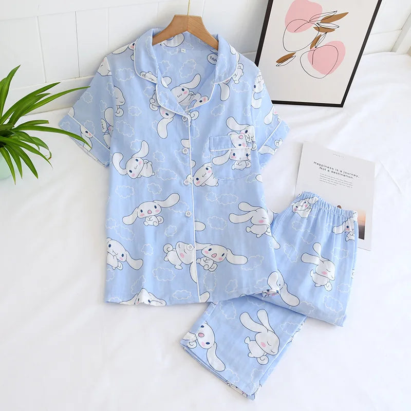 2026 Japanese new spring and summer short-sleeved trousers pajamas 2-piece set 100% cotton gauze flower cartoon home service set