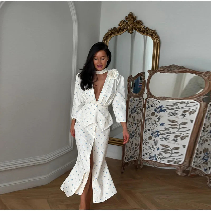 Elegant Women's Printed Waistband Stain Long Dress Slim Waist Cinched Bubble Sleeve Dresses 2026 Spring Summer Party Robes
