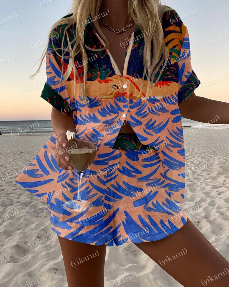 Summer Fashion Print Beach Holiday 2-Piece Set Women Short Sleeve Shirt Top + Wide Legs Short Women's Oversized Two-Piece Outfit