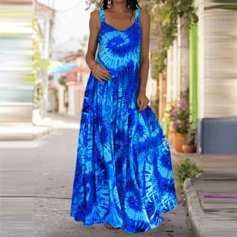 Women's Fashionable Flame Printed Sleeveless Dress  Summer Casual Printed Long Dress