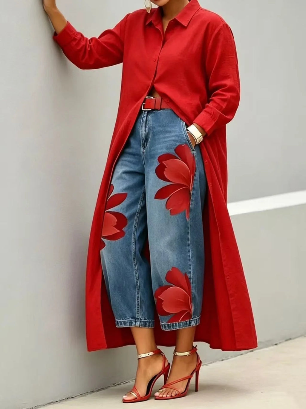 2026 New Fashion Floral Print Wide Leg Jeans Casual Cotton Denim High Waist Nine-Pants Trendy Plus Size Trousers High Street