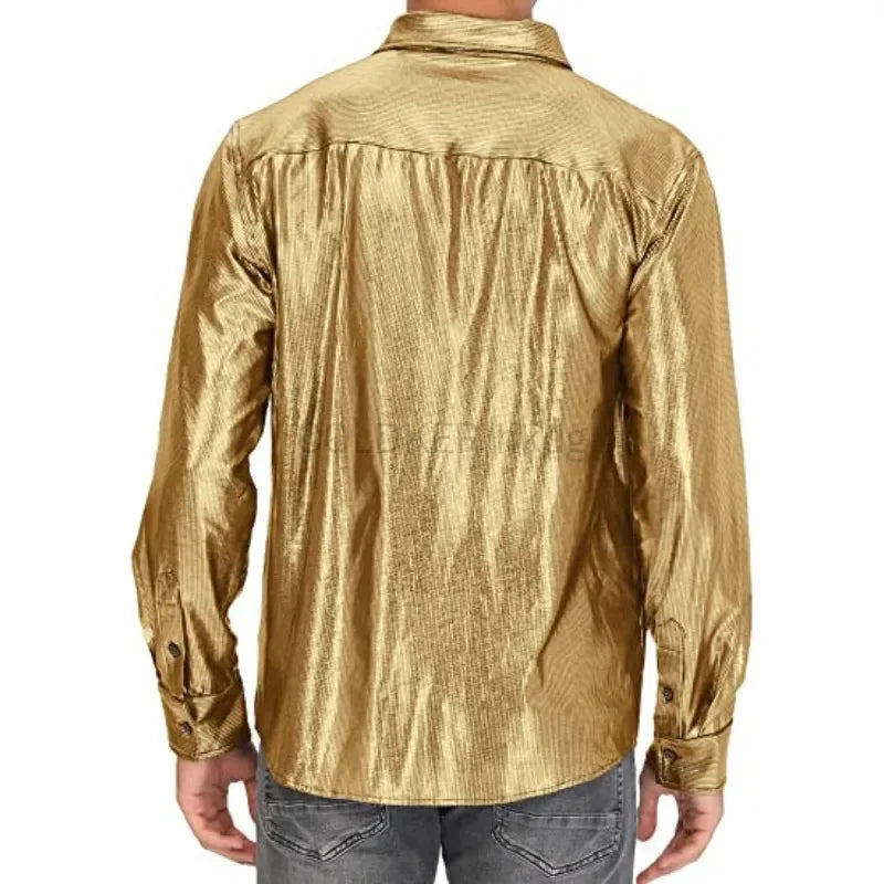 Metallic Shiny Polyester Dress Shirts for Men Black Solid Gold Red Silver Long Sleeve Turn Down Collar Prom Disco Men's Shirt