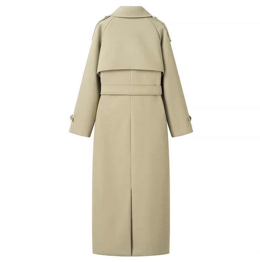 Whisper Lumi Vintage Double Breasted Lapel Women Long Coat Elegant Loose Jacket With Belt Autumn Casual Ladies Streetwear