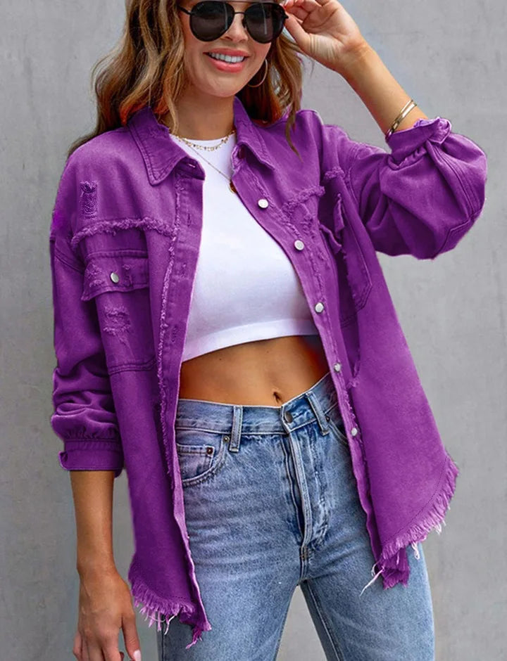 Women's Fashionable Solid Color Mid-Length Ripped Denim Jacket Long-Sleeved Spring Autumn Trend