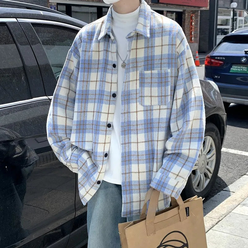 Men's Plaid Long Sleeve Shirt Loose Fit Thin Style Autumn Spring Casual Wear Sun Protection Outerwear Classic Check Pattern