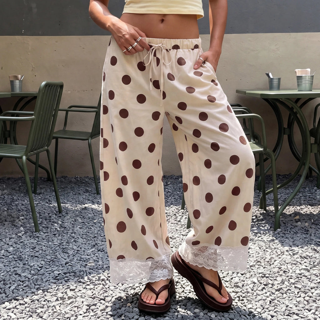Women Y2K Retro Polka Dot Pants Lace Hem Elastic High Waist Drawstring Loose Fit Trousers Sweet French Style Vacation Bottoms