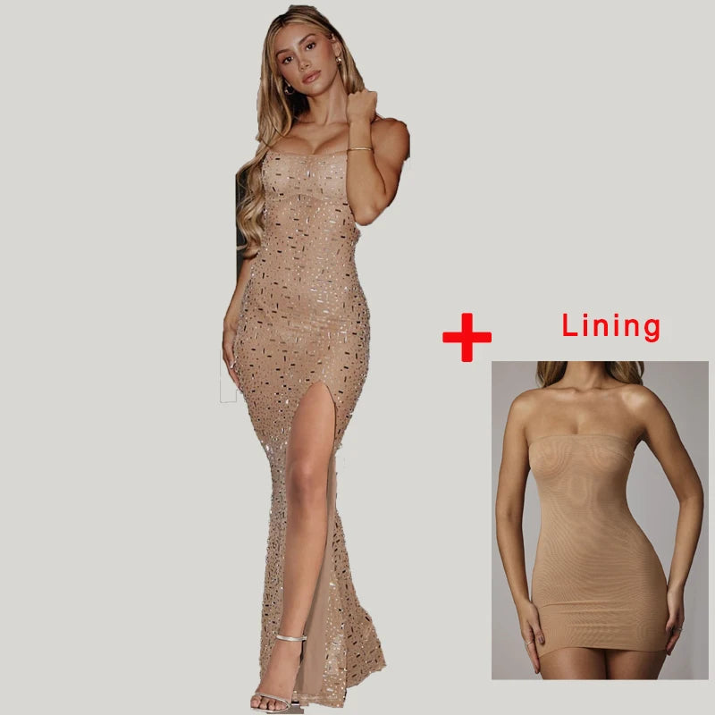 Light Luxury Nightclub Party Sexy Suspender Dress Spring and Summer New Women Fashion Bright Diamond Side Slit Hip Hugging Dress