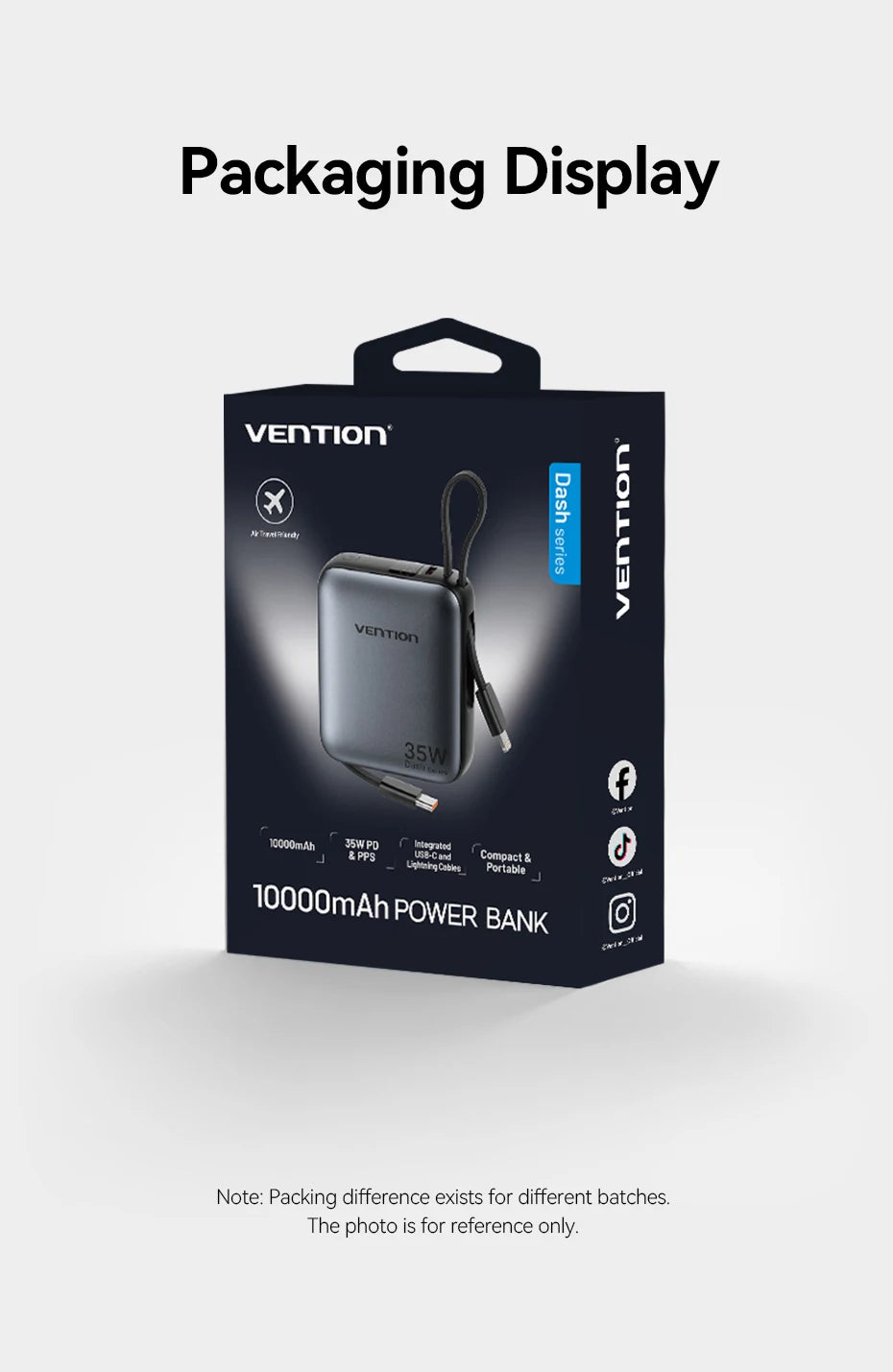 Vention 10000mAh Power Bank Fast Charging PD 35W Portable Mini PowerBank for iPhone 17 16 15 Xiaomi External Battery Charger