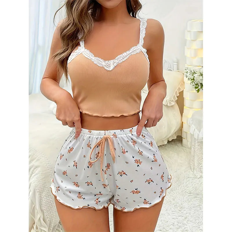2026 Women Sexy Lace Vest Shorts Pajamas Women's Slim Fit Two-piece Home Outfit Summer Low Rise Casual Print Short Pants Top Set