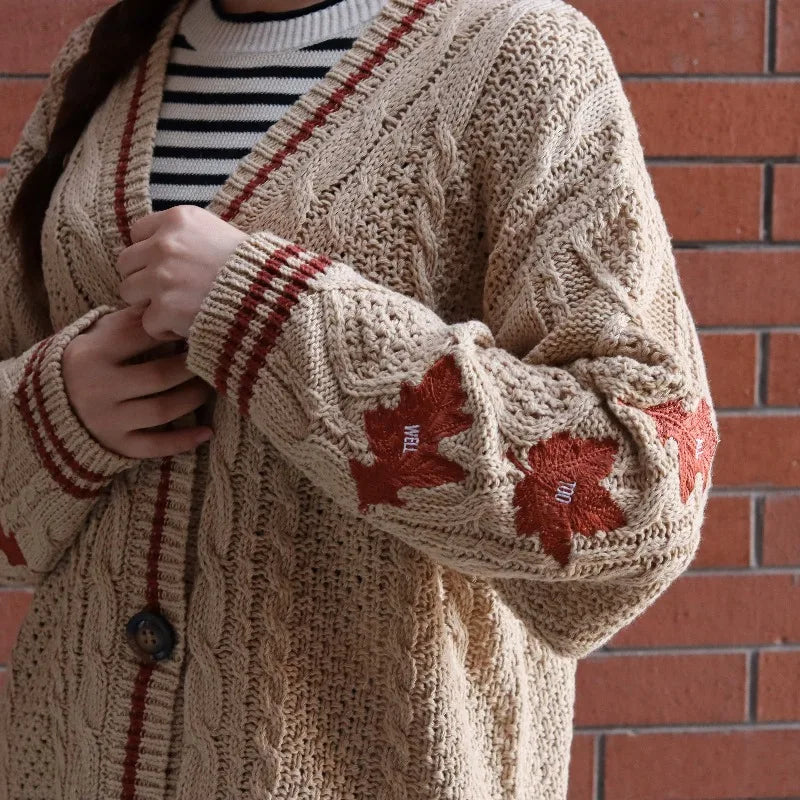 Autumn Leaves Knitted Cardigan Women Red Maple Leaf Embroidered Oversized Cardigan Folklore Girl Fall Winter Low V-neck Sweater