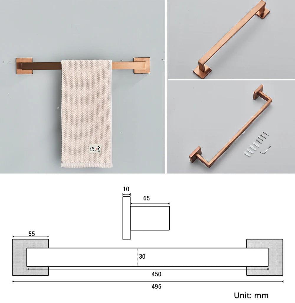 Rose Gold Bathroom Accessories Set Hardware Paper Holder Towel Bar Rack Rail Rod Robe Hook Hanger Wall Mount Brushed Rose Gold