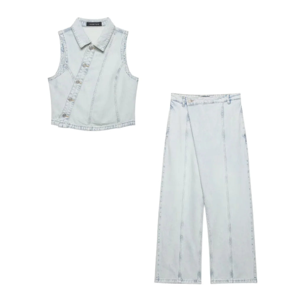 2026 Summer Women Denim Double-Breasted Vest Set Casual Turn-Down Collar Trousers New Fashion Outfit Set