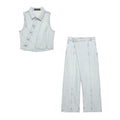 2026 Summer Women Denim Double-Breasted Vest Set Casual Turn-Down Collar Trousers New Fashion Outfit Set