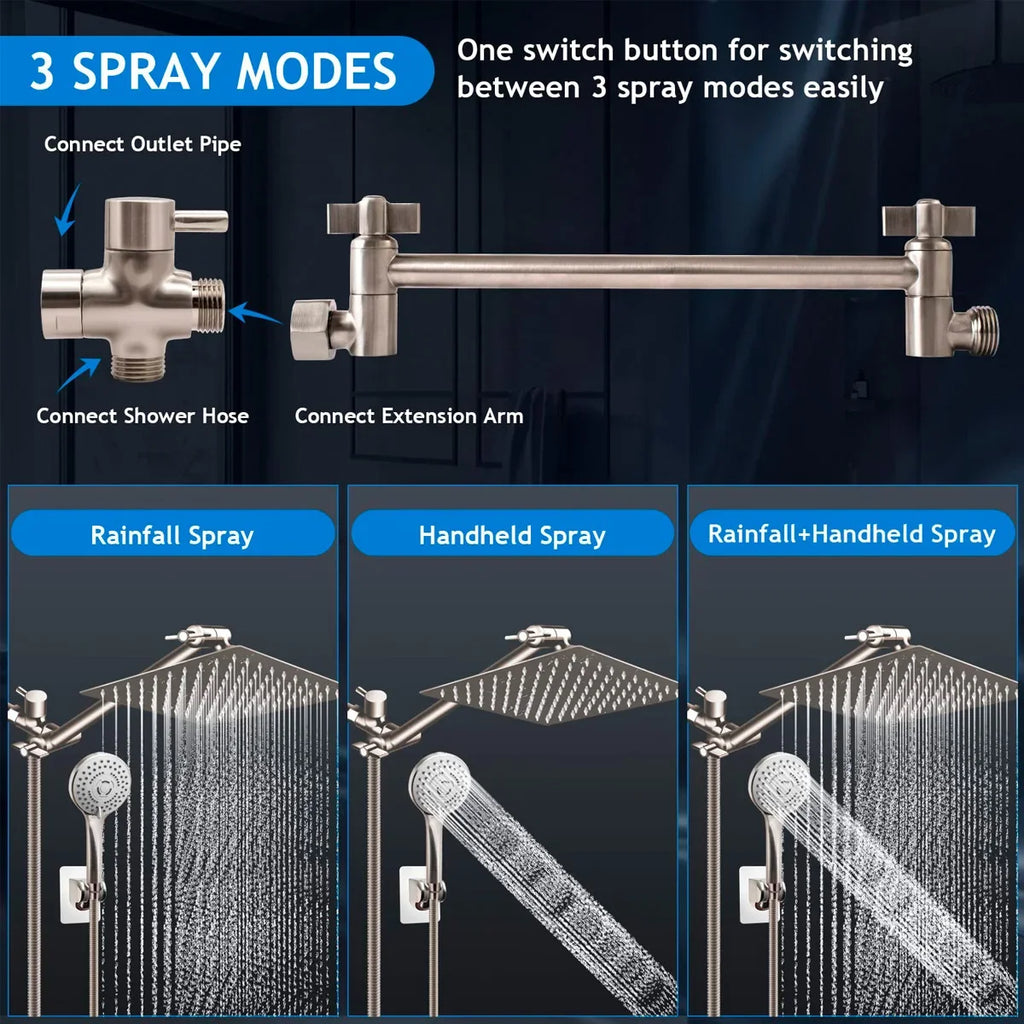 Stainless Steel 8/10 Inch Overhead Showerhead 5 Modes With Extension Arm Multi-function Hand Shower Wall Mounted Showerhead Set