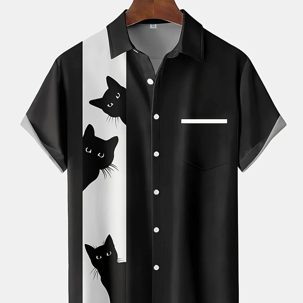 Cat Cartoon Print Shirt] Plus Size 3D Digital Print Cartoon Fun Men's Short Sleeve Button Shirt Fashion Hawaiian Vacation Shirt