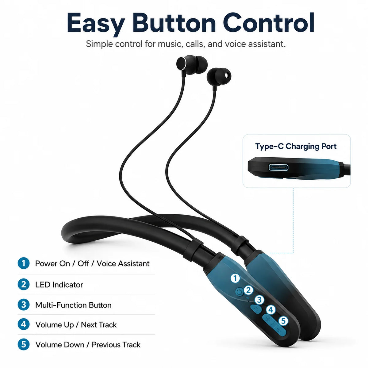Bluetooth Earphones Wireless In-Ear Sport Headset, 100H Playtime, 800mAh Battery, Built-in Mic, Type-C Charging, Neckband Design