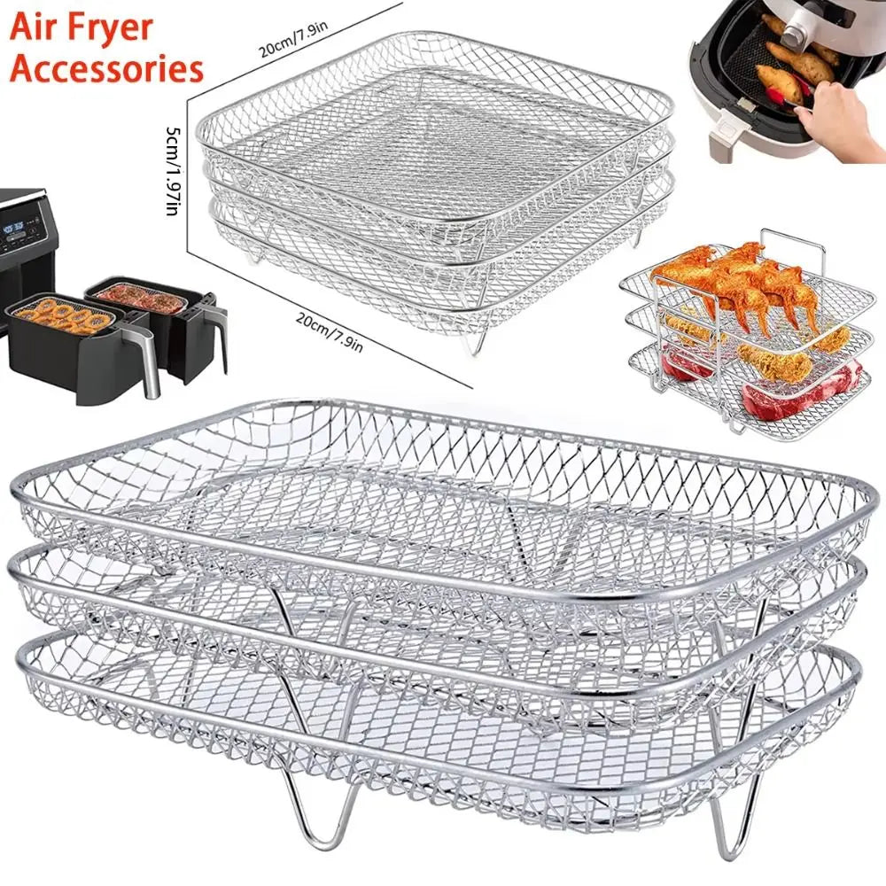 New Durable Stackable Air Fryer Rack Non-Stick Stainless Steel Grilling Rack Grill Basket Kitchen Gadgets