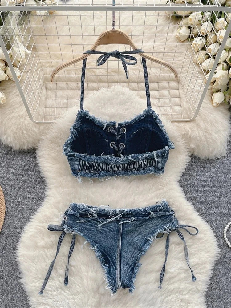 Retro Women Bikini Denim Suits Summer Halter Camis Mini Short Pant Fashion Vacation Suits Sexy Comfortable
