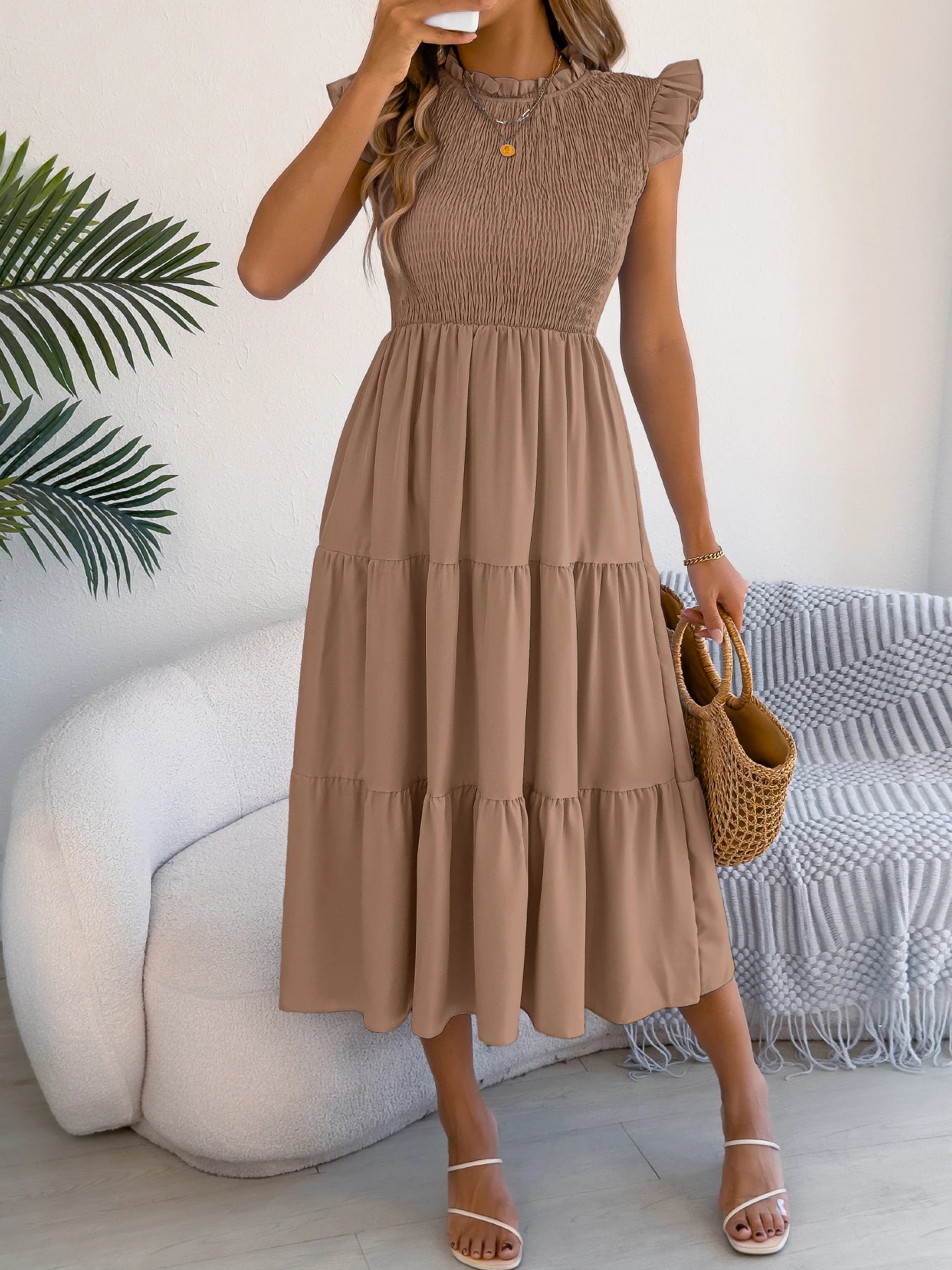 Spring Summer Elegant Ruffled Dresses for Women 2026 Casual Vacation Solid Color Round Neck Sleeveless Long Dress Blue Green