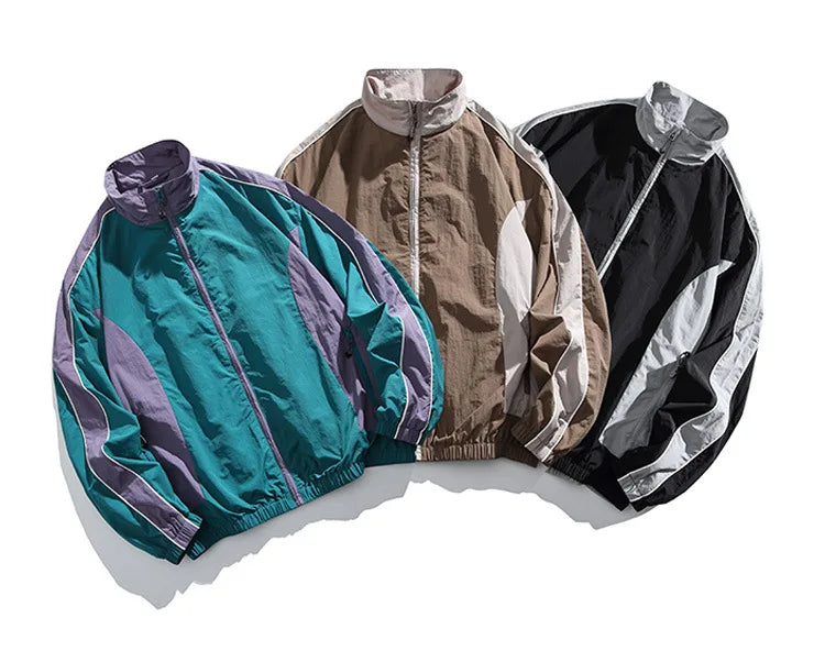 Japanese Retro Youth Streetwear Jacket - Men's Color-Blocked Stand Collar Waterproof Windbreaker Urban Outdoor Functional Jacket