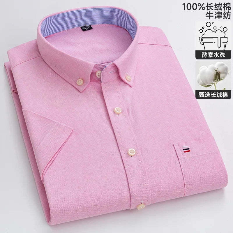 New 100% Cotton Oxford Men's Shirts Short Sleeve Plaid Soft Regular Fit Formal Dress Shirt Social Blouse Male Clothes 6XL 7XL