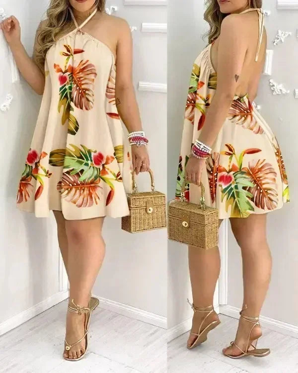 Women Halter Neck Swing Mini Dress Tropical Floral Leaf Print Loose A Line Sleeveless Beach Vacation Dress