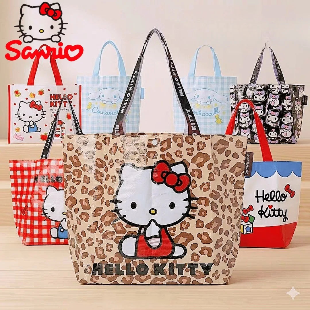 Leopard Print Hello Kitty Eco-Friendly Woven Large Capacity Storage Bag Officially Licensed Cartoon Plaid Waterproof Tote Bag Fo